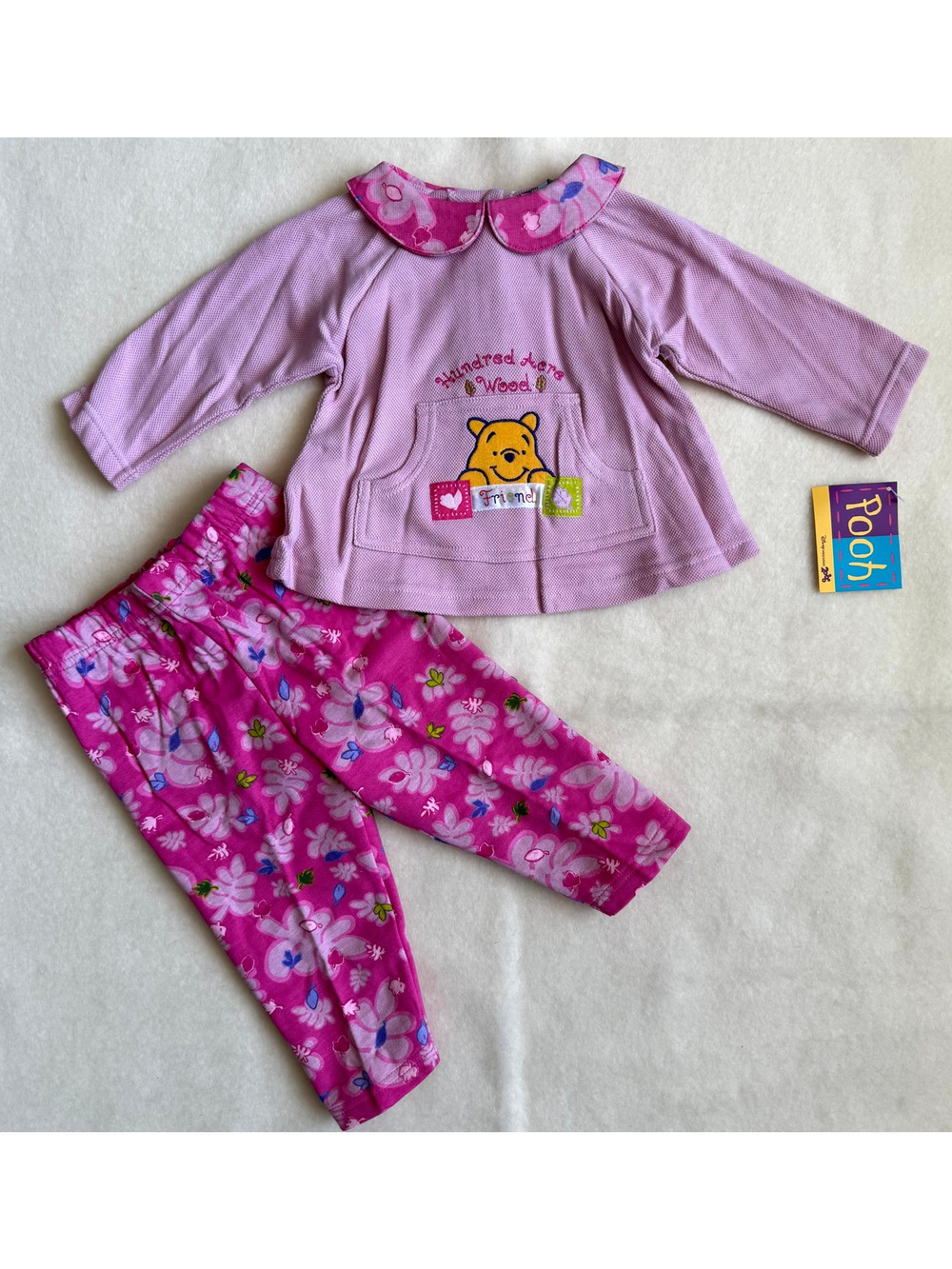 Vintage 90s Disney Pooh Pants Set Girls Size 12M Pink Floral Hundred Acre Wood
